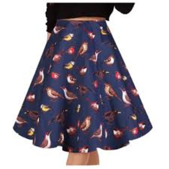 NWT Grace Karin Pleated Retro Bird Print Skirt Navy Blue Pinup 50's Look S - Picture 2 of 11